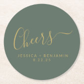 応援ミニマリストセージグリーン金ゴールドカスタムウェディング ラウンドペーパーコースター (正面)