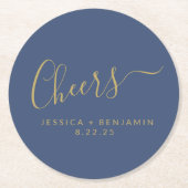 応援ミニマリストネイビーブルー金ゴールドカスタムウェディング ラウンドペーパーコースター (正面)