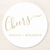 応援ミニマリストホワイトと金ゴールドカスタムウェディング ラウンドペーパーコースター (正面)