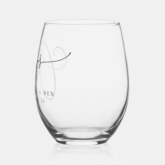 応援ミニマル白黒スクリプトカスタムウェディング ステムなしワイングラス (左)