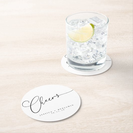 応援ミニマル白黒スクリプトカスタムウェディング ラウンドペーパーコースター (インサイチュ)