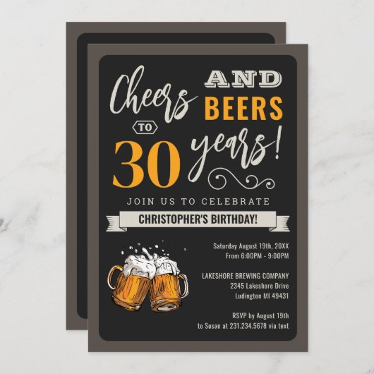 応援モダンとビール30th誕生日招待状 招待状 (正面/裏面)