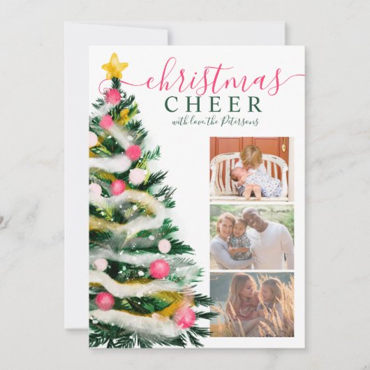 応援モダンクリスマスツリーの水色3枚の写真 カード (正面)