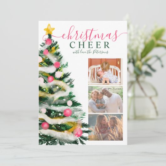 応援モダンクリスマスツリーの水色3枚の写真 カード (スタンド正面)