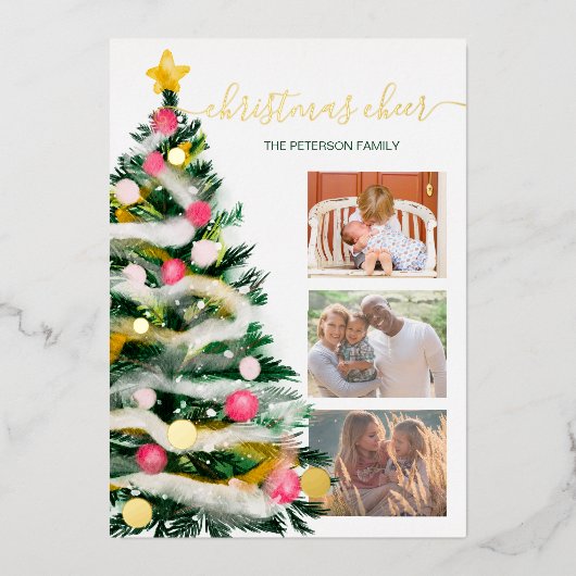応援モダンクリスマスツリーの水色3枚の写真 箔シーズンカード (正面)