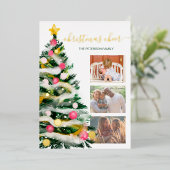 応援モダンクリスマスツリーの水色3枚の写真 箔シーズンカード (立ち正面)