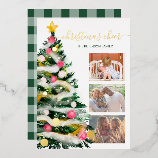 応援モダンクリスマスツリーの水色3枚の写真 箔シーズンカード (正面/裏面)