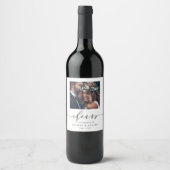 応援モダンブラックスクリプト結婚写真 ワインラベル (正面)