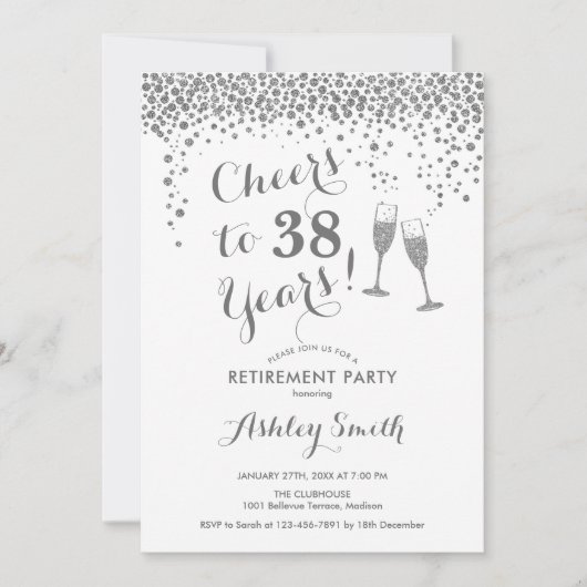 応援リタイアパーティの招待状ホワイトシルバー 招待状 (正面)