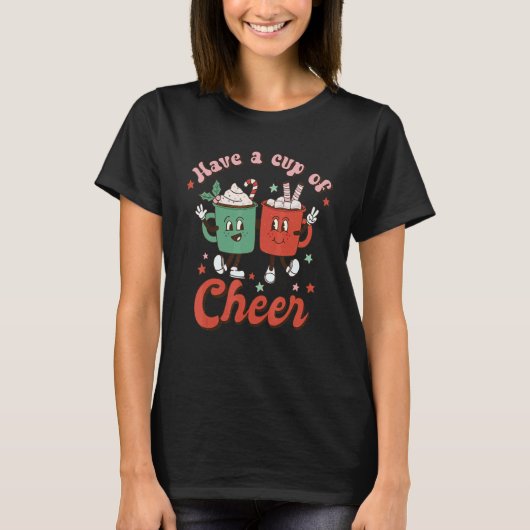 応援レトロメリークリスマスホットココを飲む Tシャツ (正面)