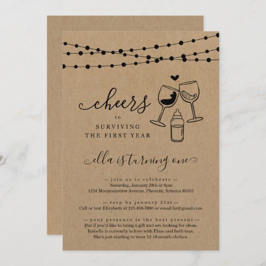 応援ワインおもしろいの最初の誕生日パーティーの招待 招待状 (正面/裏面)
