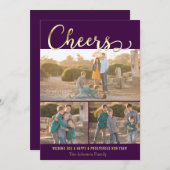 応援新年パープル金ゴールドホリデーフォトカード シーズンカード (正面/裏面)