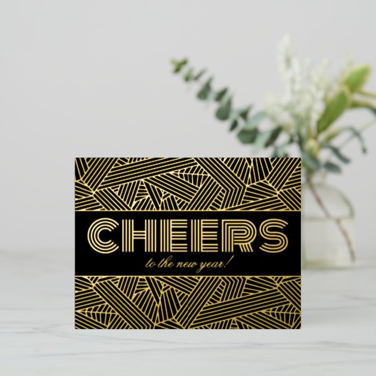 応援新年!幾何学的タイポグラフィ実在 箔シーズンポストカード (立ち正面)