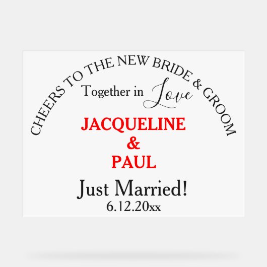 応援新郎新婦たった今結婚しました赤い名前 アクリルサイン (正面)