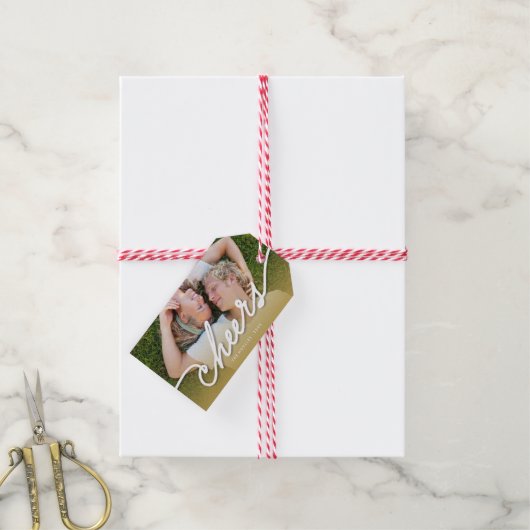 応援書道スクリプト金ゴールドグラデーションフォトホリデー ギフトタグ (より糸付き)