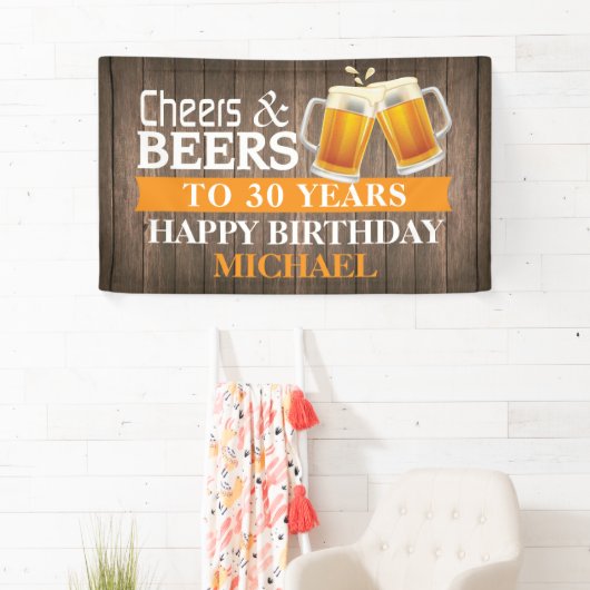 応援素朴とビールが30歳の誕生日を祝うオレンジ 横断幕 (インサイチュ)