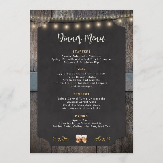 応援素朴ウイスキーのショットをテーマにした5x7ディナーメニュー メニュー (正面)