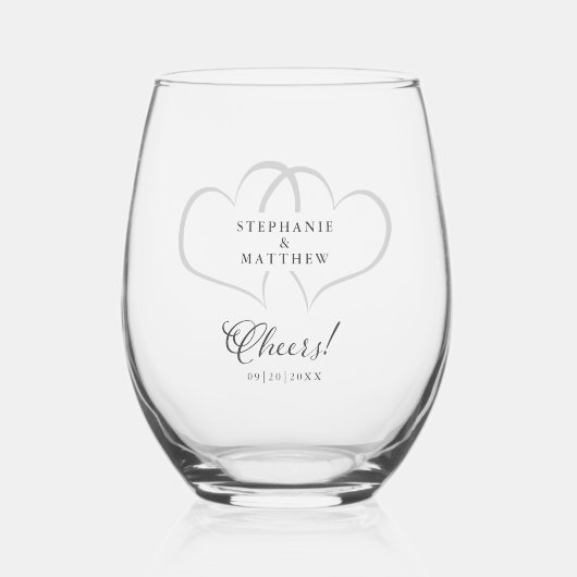 応援結婚の婚約ハート名日付カスタム ステムなしワイングラス (正面)