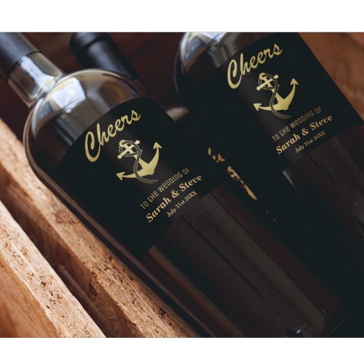 応援航海のの金ゴールドとブラックワインラベル ワインラベル