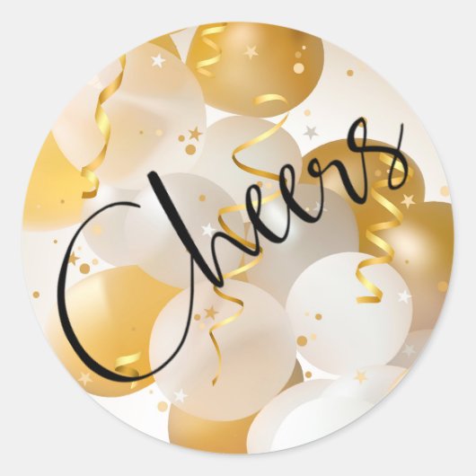 応援金ゴールドと白いバルーン ラウンドシール (正面)