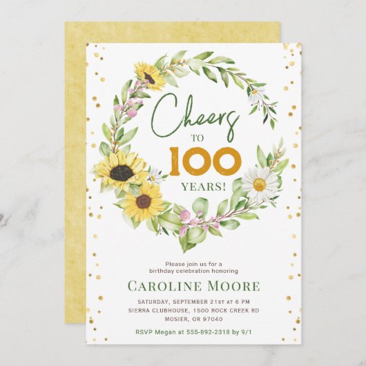 応援100年ひまわりレディース100誕生日 招待状 (正面/裏面)