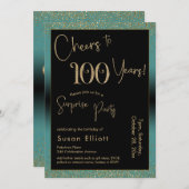 応援100年サプライズ誕生日パーティー、ティール（緑がかった色） 招待状 (正面/裏面)