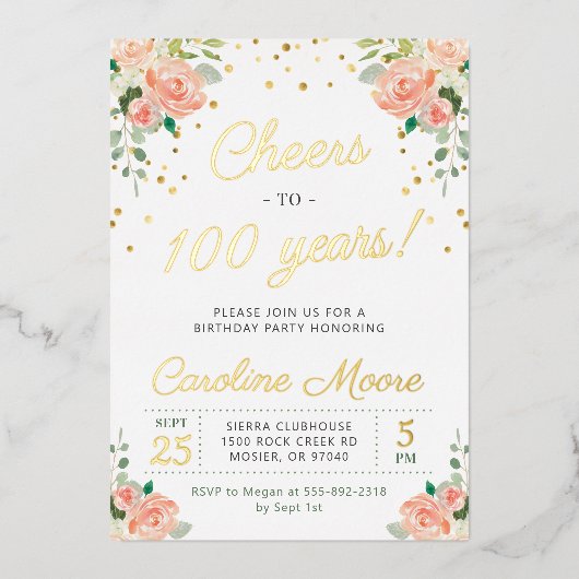 応援100年レディース100th Birthday Party For 箔招待状 (正面)