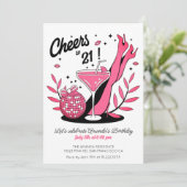 応援21歳の誕生日ピンクとブラックフォト 招待状 (スタンド正面)