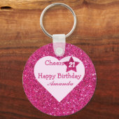 応援21歳の誕生日ピンクのグリッターハートへの好意 キーホルダー (正面)