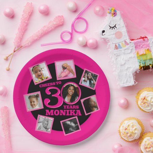 応援30th誕生日8写真名ピンクブラック ペーパープレート (パーティー)