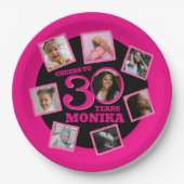 応援30th誕生日8写真名ピンクブラック ペーパープレート (正面)