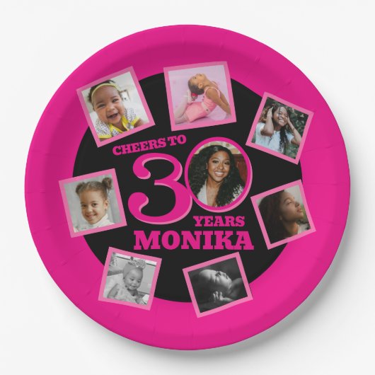 応援30th誕生日8写真名ピンクブラック ペーパープレート (正面)