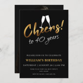 応援40年金ゴールド黒成人誕生日写真 招待状 (正面/裏面)