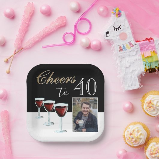 応援40赤ワイングラス写真40歳の誕生日 ペーパープレート (パーティー)