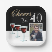 応援40赤ワイングラス写真40歳の誕生日 ペーパープレート (正面)