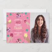 応援40thバースデーワインテイスティングピンクパーティー写真 招待状 (正面)
