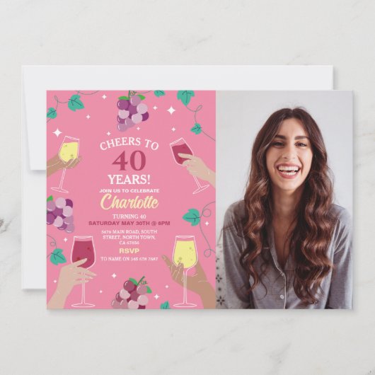 応援40thバースデーワインテイスティングピンクパーティー写真 招待状 (正面)