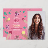 応援40thバースデーワインテイスティングピンクパーティー写真 招待状 (正面/裏面)