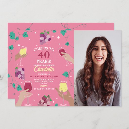 応援40thバースデーワインテイスティングピンクパーティー写真 招待状 (正面/裏面)