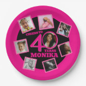 応援40th誕生日8写真名ピンクブラック ペーパープレート (正面)