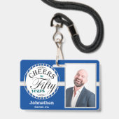 応援50年パーティー1枚フォトブルー バッジ (正面（ネックストラップ付）)