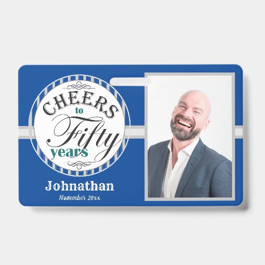 応援50年パーティー1枚フォトブルー バッジ (正面)