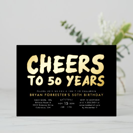 応援50歳50歳の誕生日パーティー 箔招待状 (立ち正面)