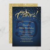 応援50thバースデーパーティネイビーブルー金ゴールドグリッター 招待状 (正面/裏面)