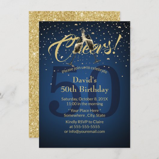 応援50thバースデーパーティネイビーブルー金ゴールドグリッター 招待状 (正面/裏面)