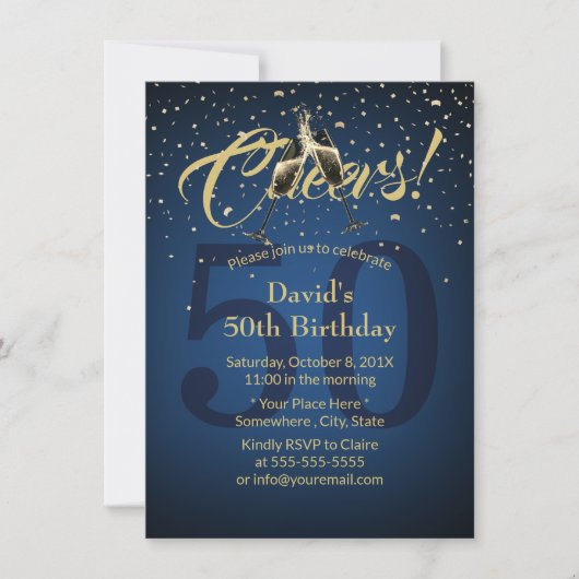 応援50thバースデーパーティネイビーブルー金ゴールドグリッター 招待状 (正面)