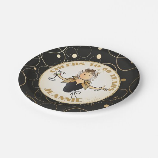 応援60 for Herおもしろい金ゴールドブラック60誕生日 ペーパープレート (アングル)