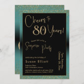 応援80年サプライズ誕生日パーティー、ティール（緑がかった色） 招待状 (正面/裏面)