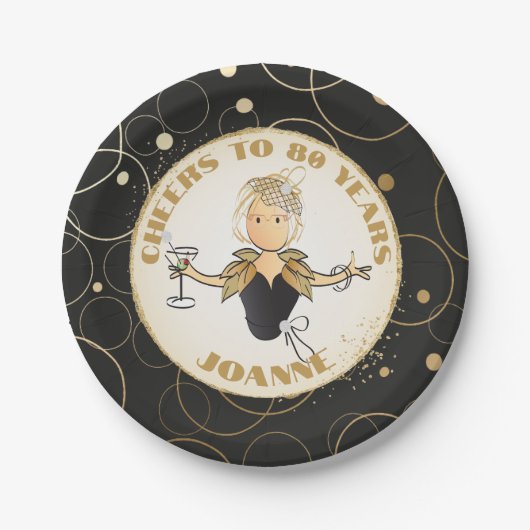 応援80 for Herおもしろい金ゴールドブラック80誕生日 ペーパープレート (正面)