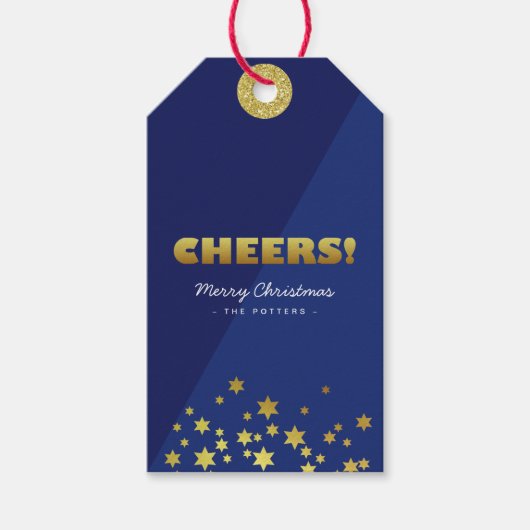 応援 |おもしろいクリスマスブルー&金ゴールド ギフトタグ (正面)